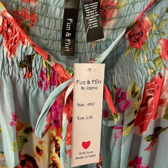 Blue Floral Off Shoulder or On Ruffle Sleeves Blouse - Picture 5 of 7